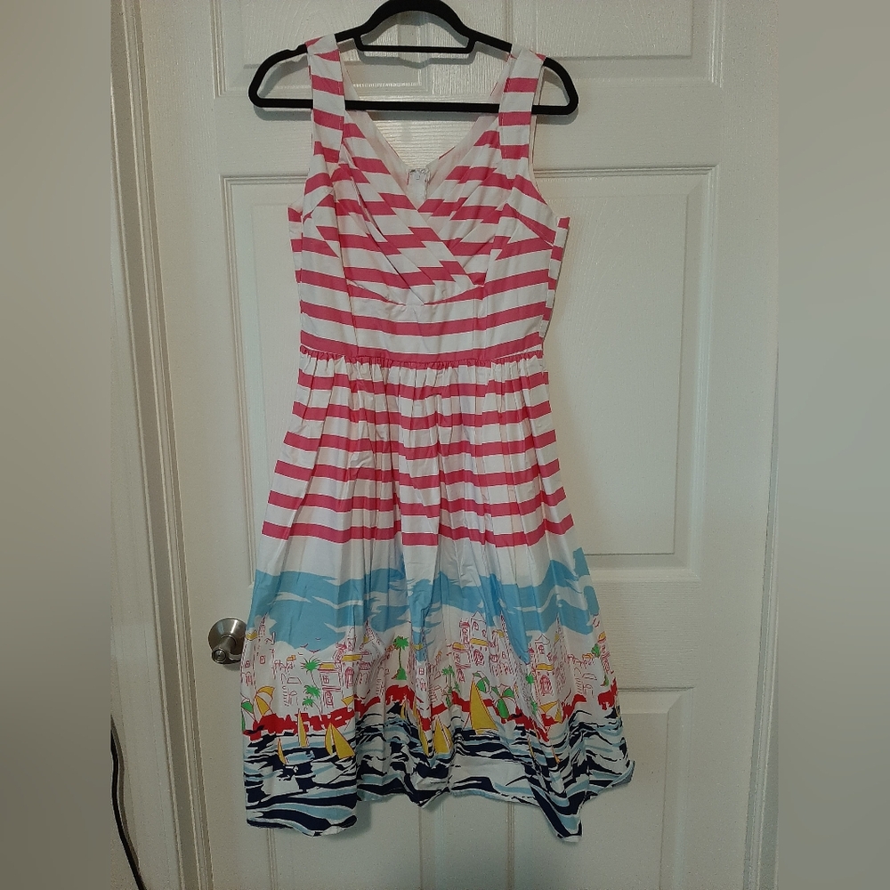 Unique Vintage Pink and White Striped Dress With Nautical Print